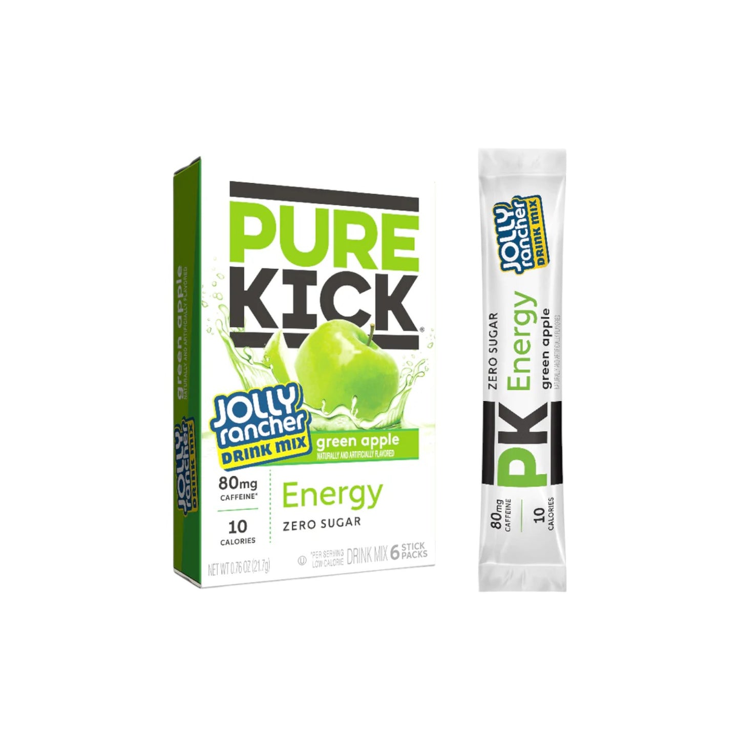 PURE KICK + Jolly Rancher, Green Apple (zero sugar) Energy Drink Mix. (Pack of 6 cansstick packs)