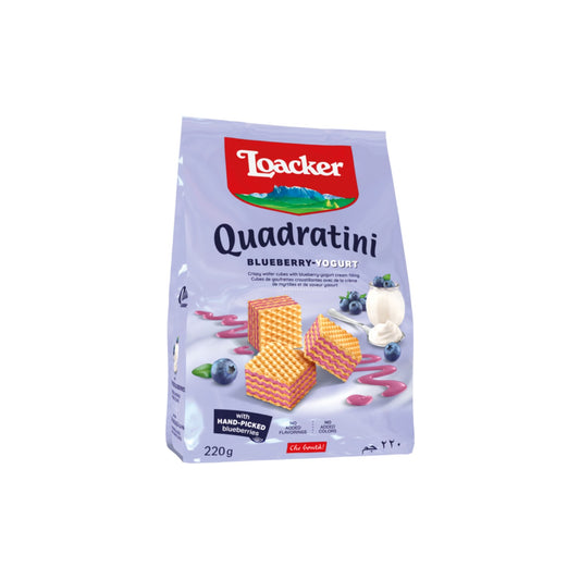 Loacker Quadratini Blueberry Yoghurt Crispy Wafer 220g.