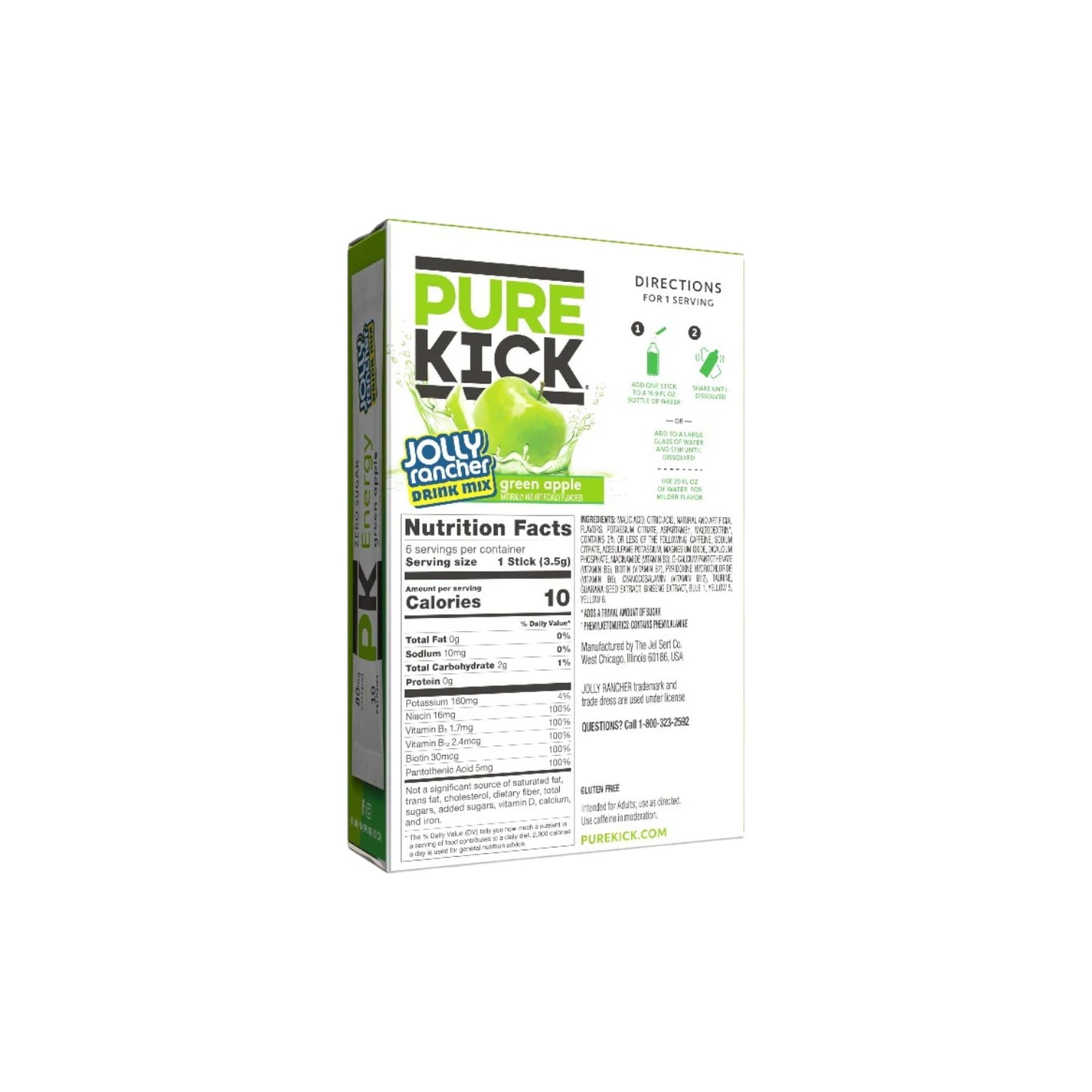 PURE KICK + Jolly Rancher, Green Apple (zero sugar) Energy Drink Mix. (Pack of 6 cansstick packs)