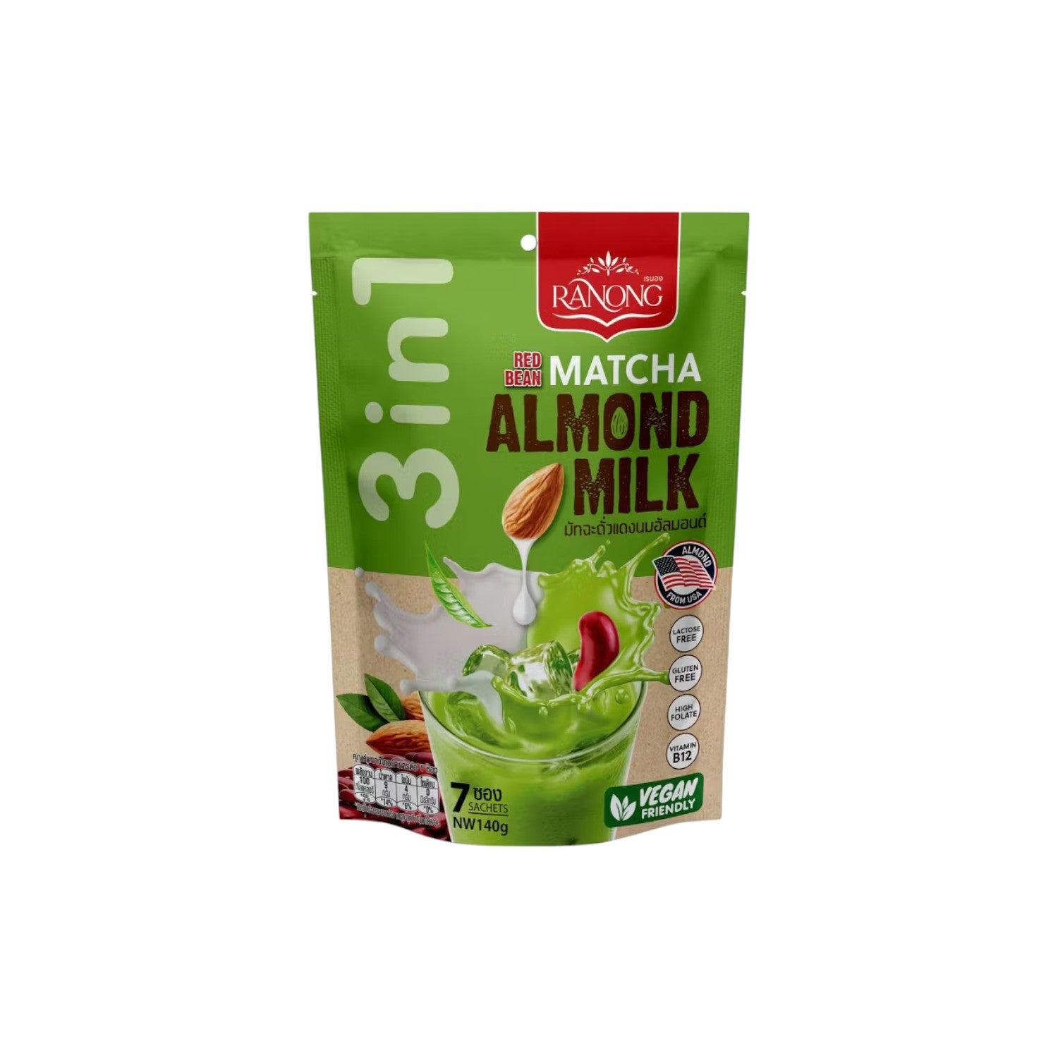 RANONG 3 in 1 Matcha Green Tea Latte Mix with Almond Milk & Red Bean Flavor (7 sachets) 140g