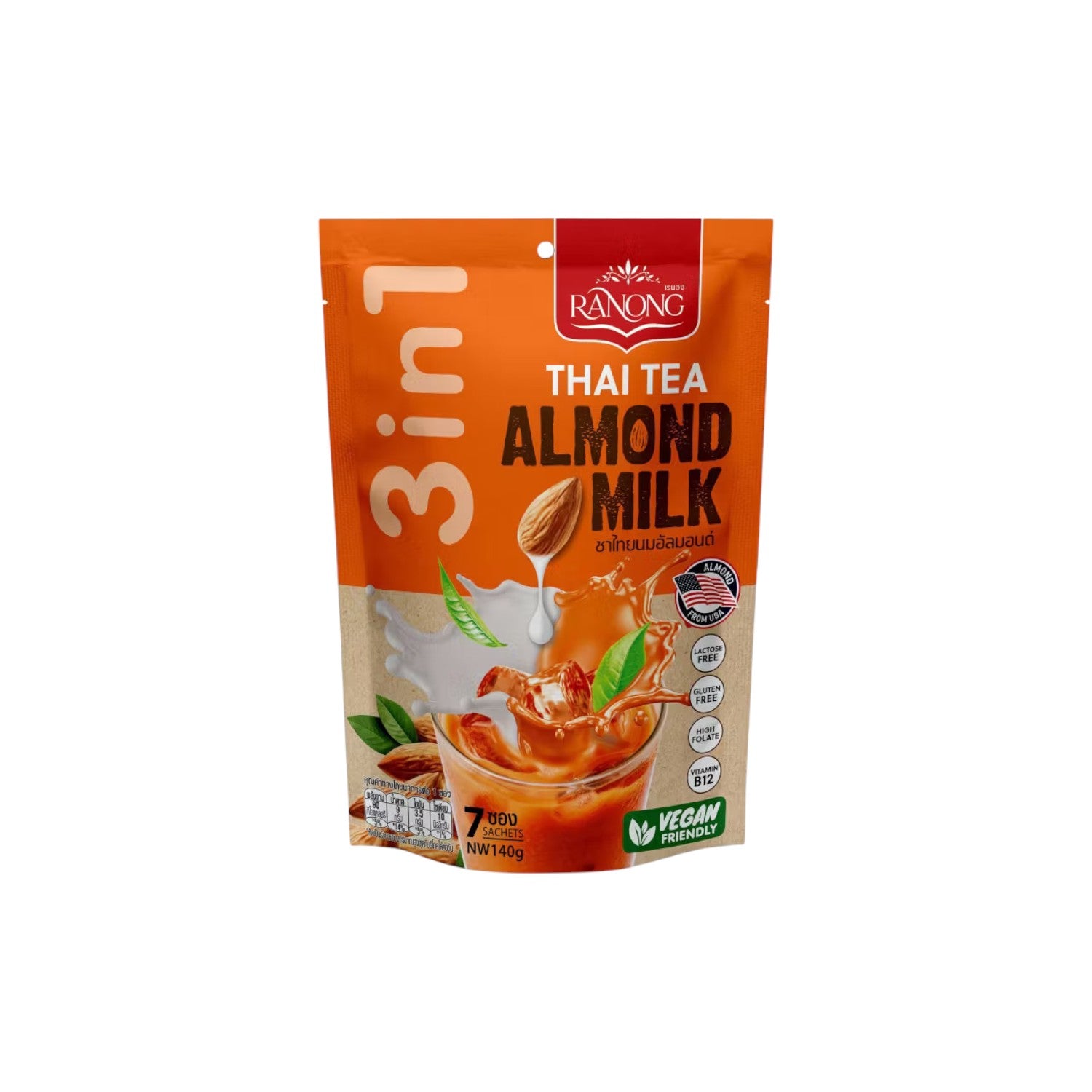 RANONG 3 in 1 Thai Tea Latte Mix with Almond Milk (7 sachets) 140g