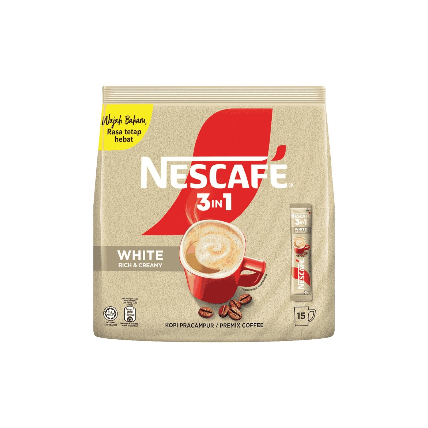 NESCAFE 3 in 1 White Instant Coffee (Rich & Creamy) 15 Sticks.