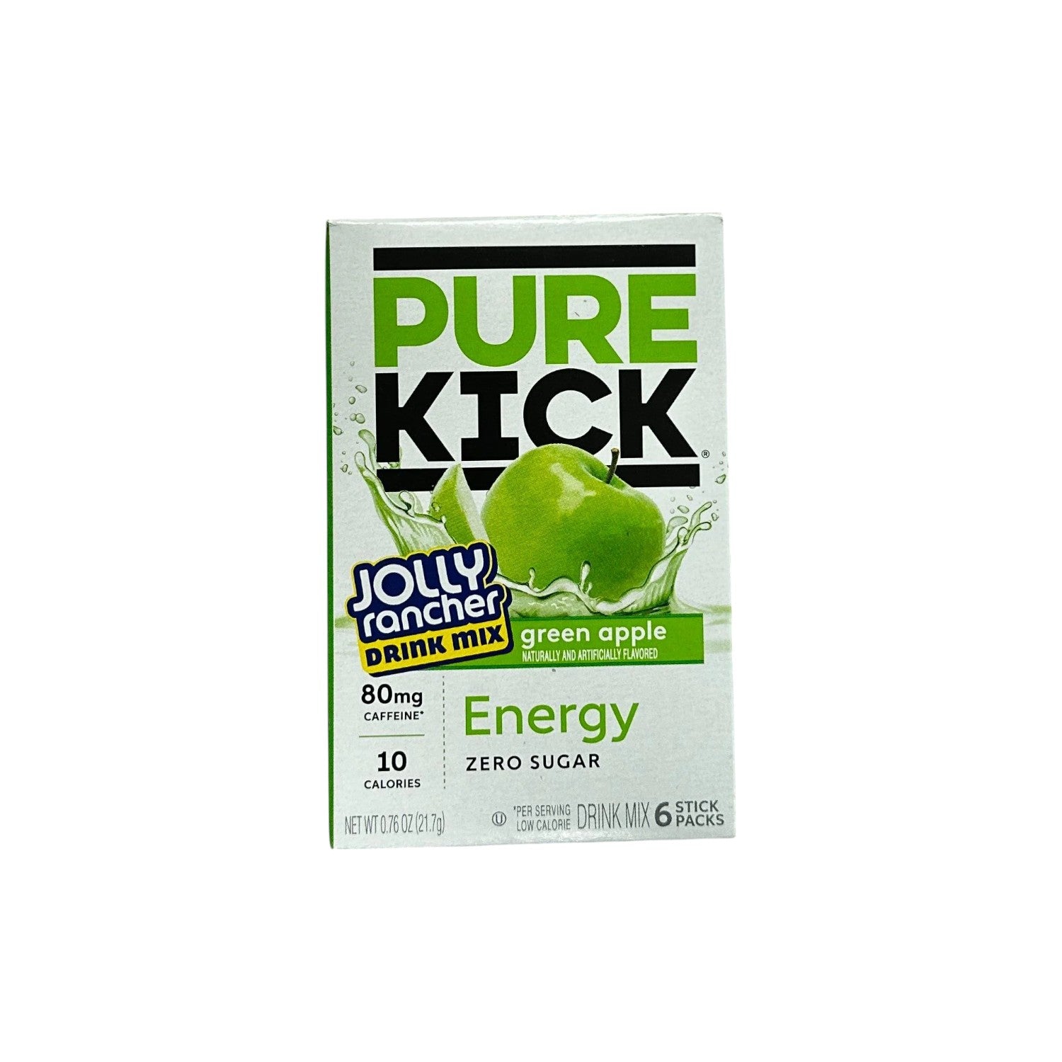 PURE KICK + Jolly Rancher, Green Apple (zero sugar) Energy Drink Mix. (Pack of 6 cansstick packs)